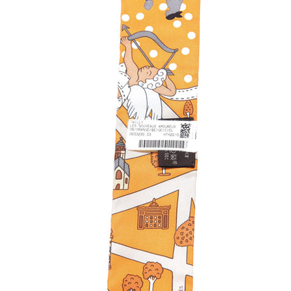 Hermes Silk Les Nouveaux Amoureux de Paris Twilly Orange Ciel Beige 3 of 4