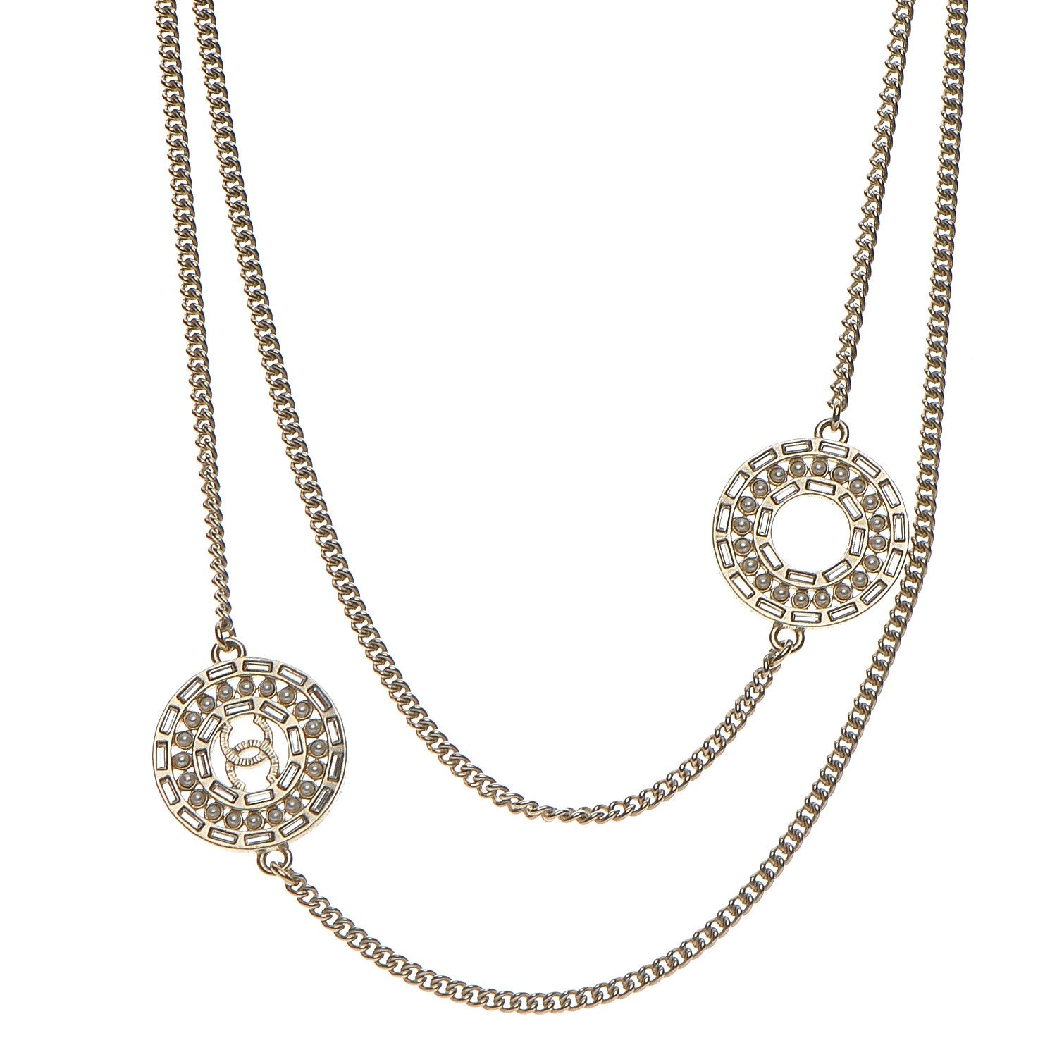 Chanel Crystal Baguette Pearl CC Chain Necklace Gold 1 of 8