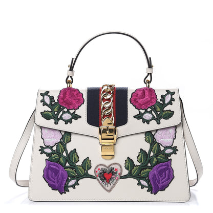 Gucci Calfskin Embroidered Medium Sylvie Top Handle Bag White 1 of 12