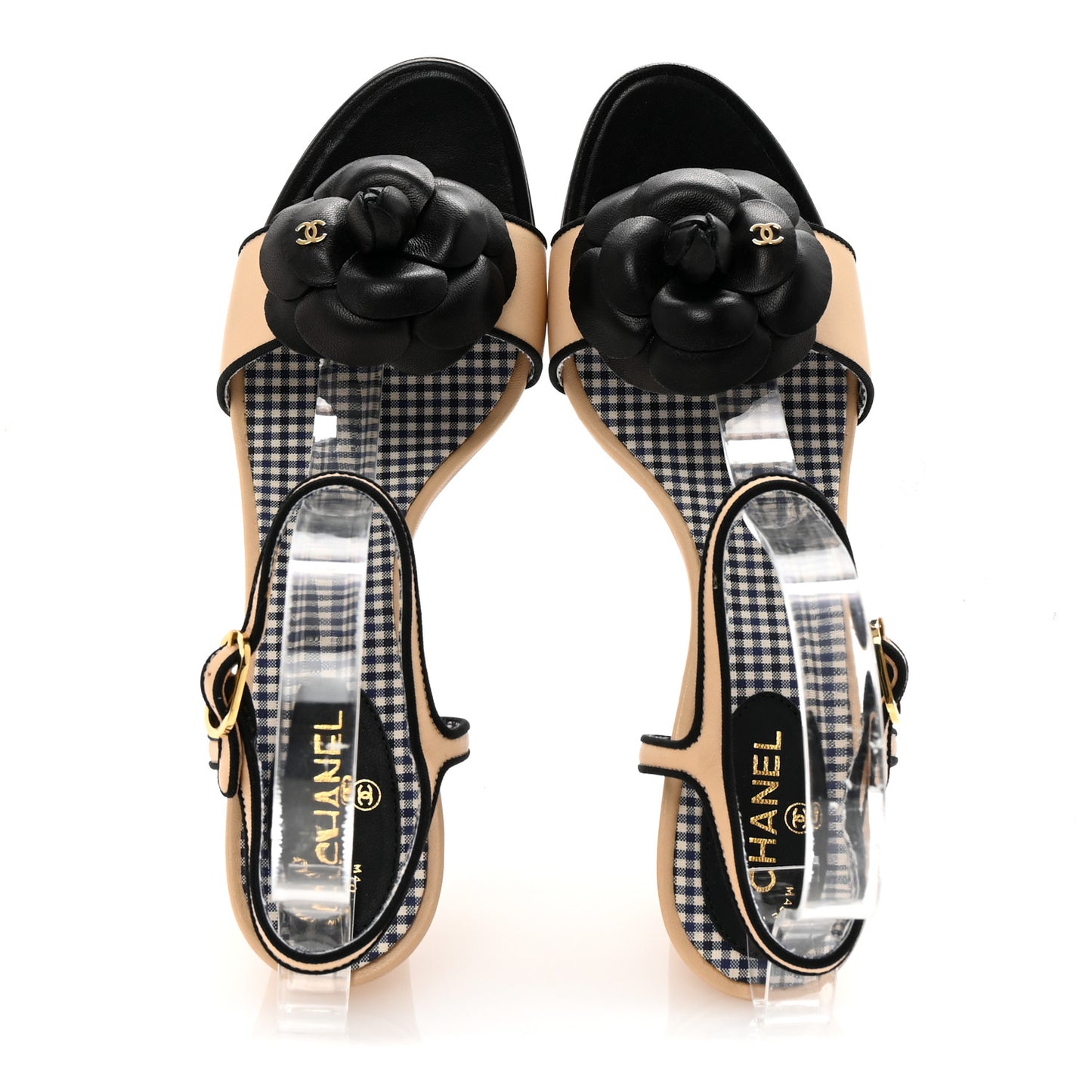Lambskin Camellia Sandals 38 Beige Black