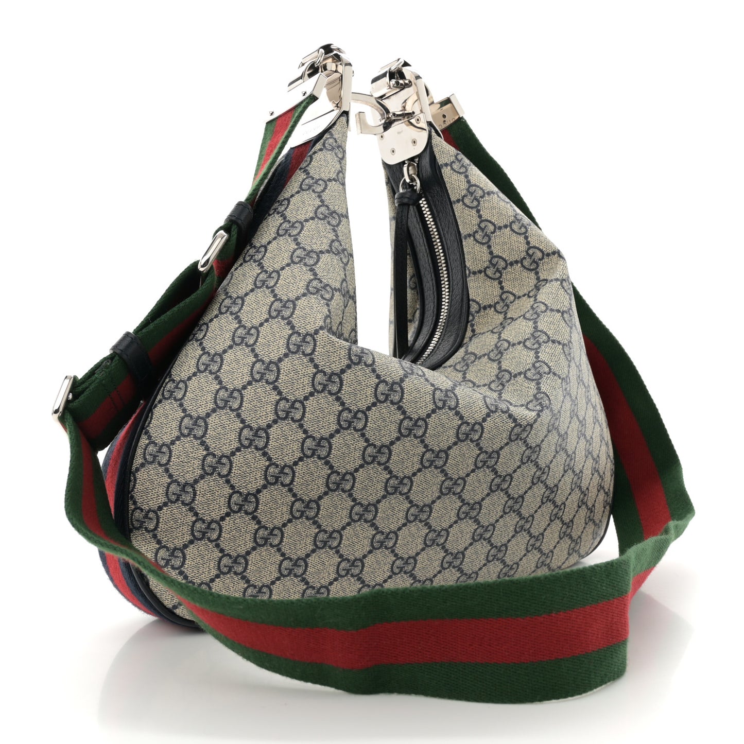 GG Supreme Monogram Textured Calfskin Web Large Attache Shoulder Bag Beige Blue
