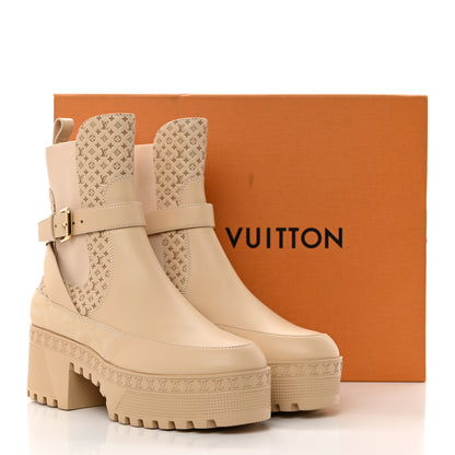 Louis Vuitton Suede Calfskin Embossed Monogram Laureate Platform Desert Boots 38 Beige 9 of 9