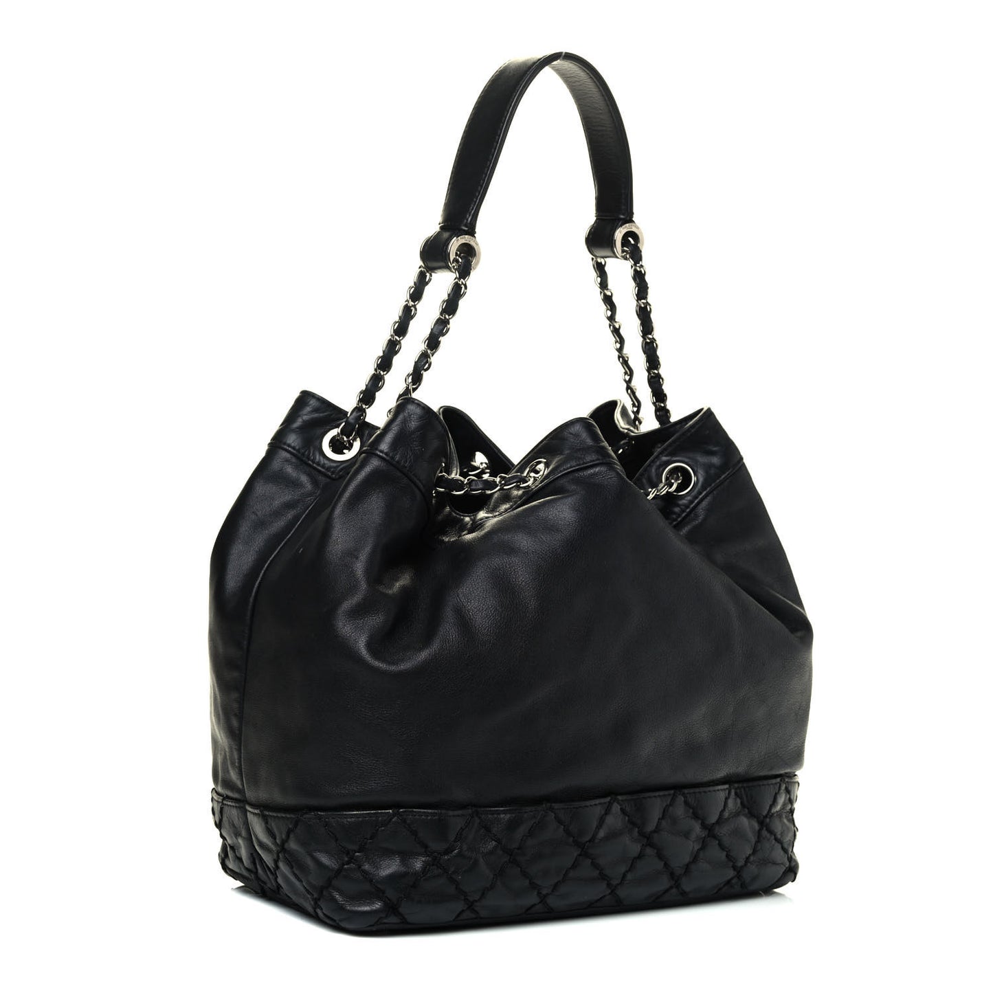 Calfskin Drawstring CC Bucket Bag Black