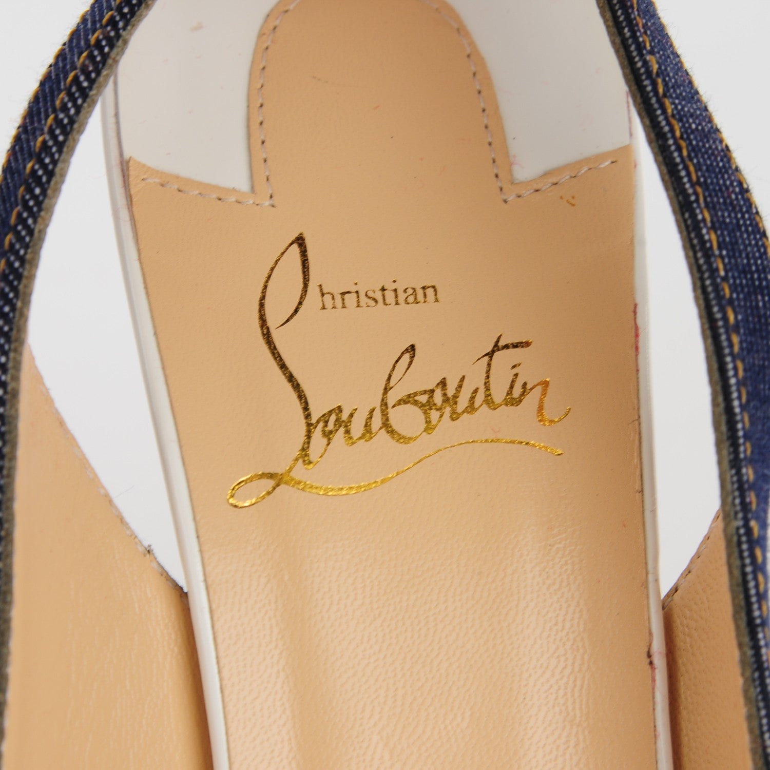 Christian Louboutin Denim Lady Peep Sling 120 Pumps 37.5 Blue White 8 of 8