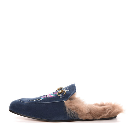 Gucci Velvet Fur Dragon Embroidered Mens Princetown Slippers 8 Zaffre Dark Zaffre 1 of 11