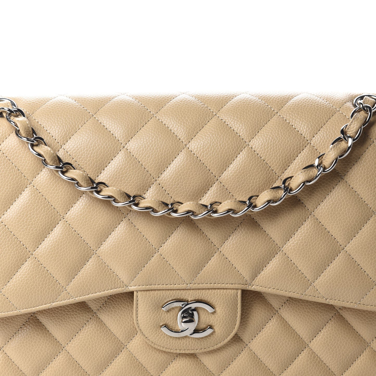 Caviar Quilted Jumbo Double Flap Beige