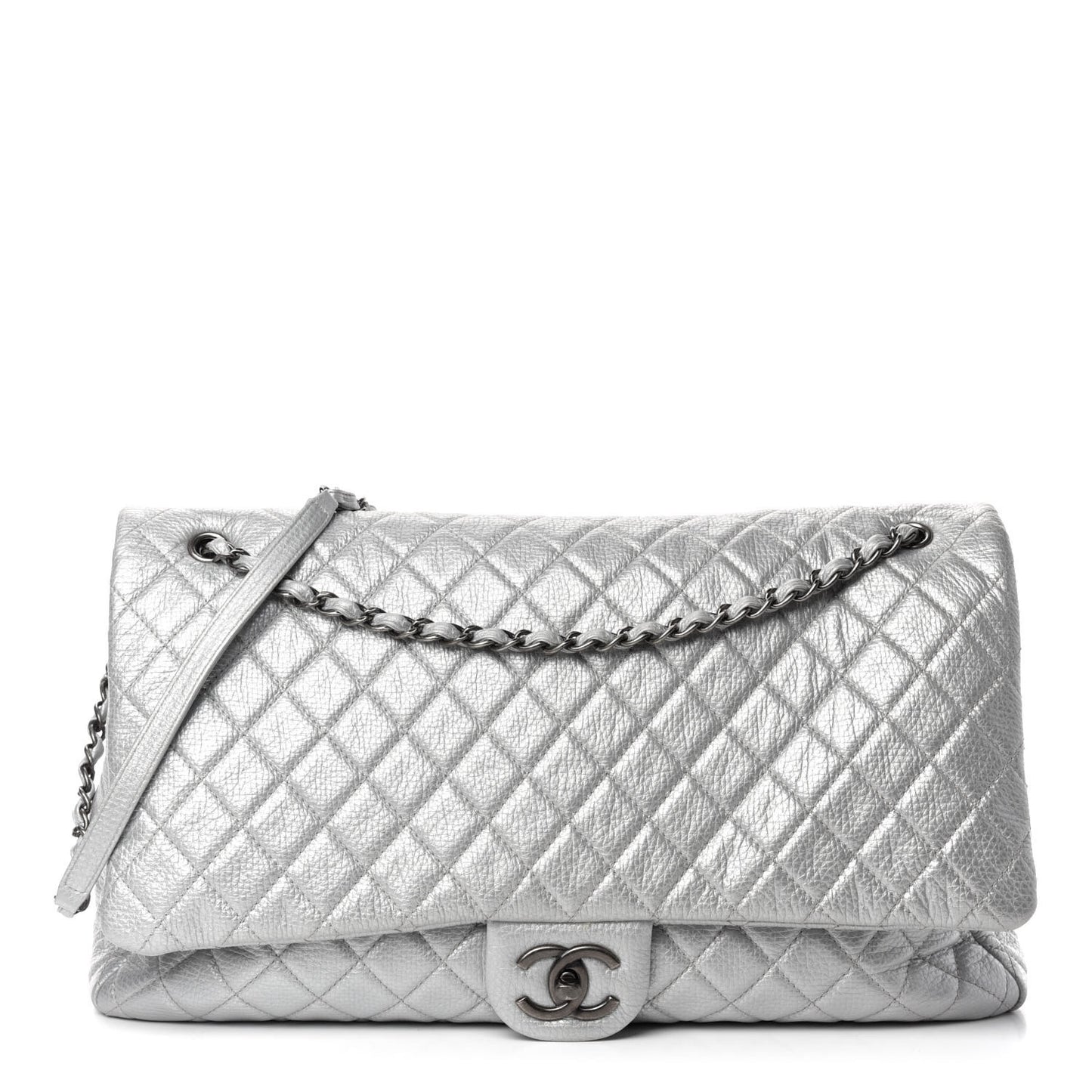Metallic Calfskin Quilted XXL Travel Flap Bag Silver