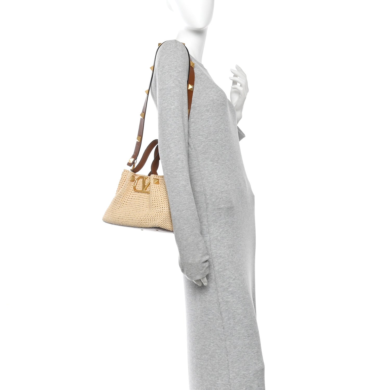 Valentino Garavani Raffia Grained Calfskin Small Rockstud Vlogo Tote Naturale 2 of 10