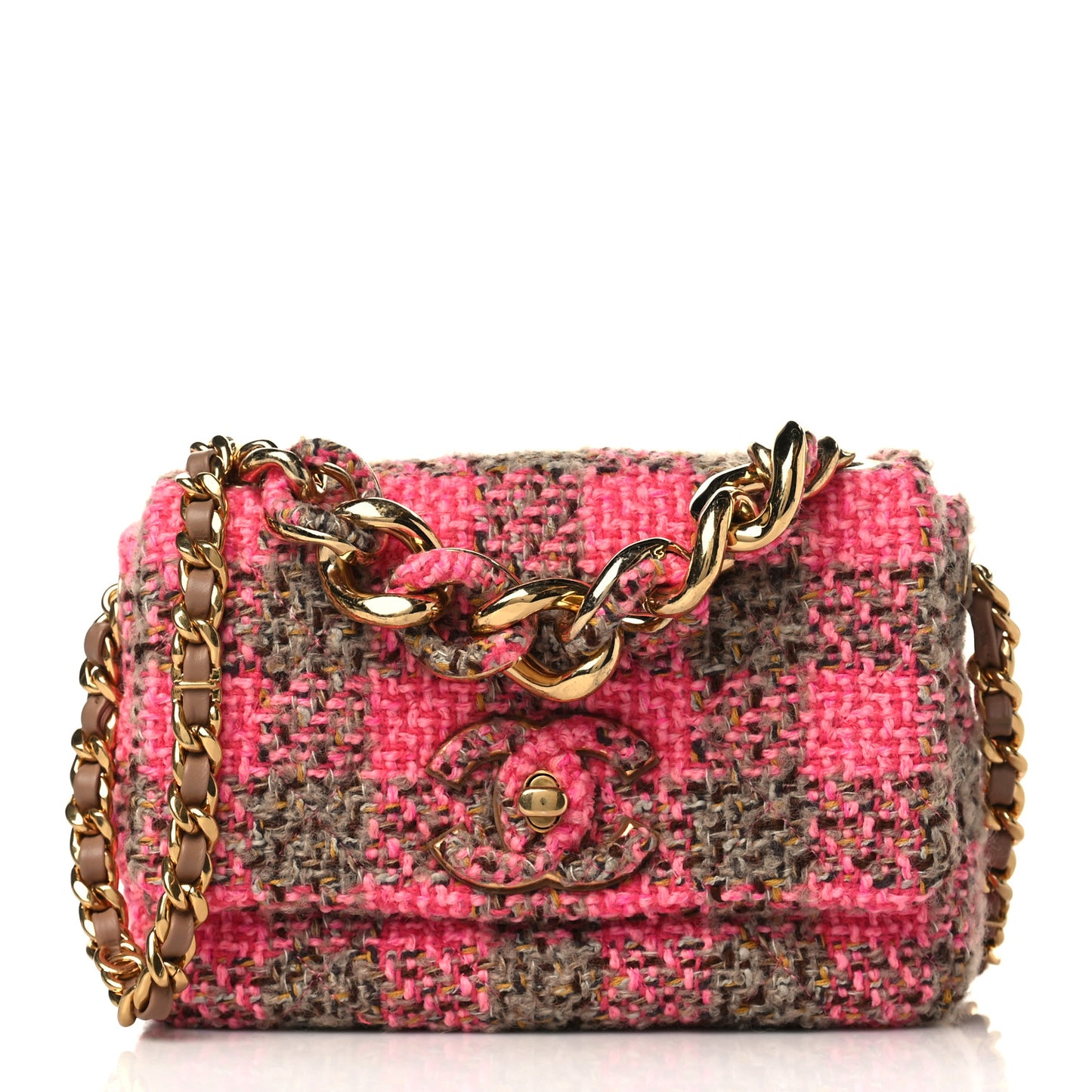 Wool Tweed Quilted Small Elegant Chain Flap Pink Brown