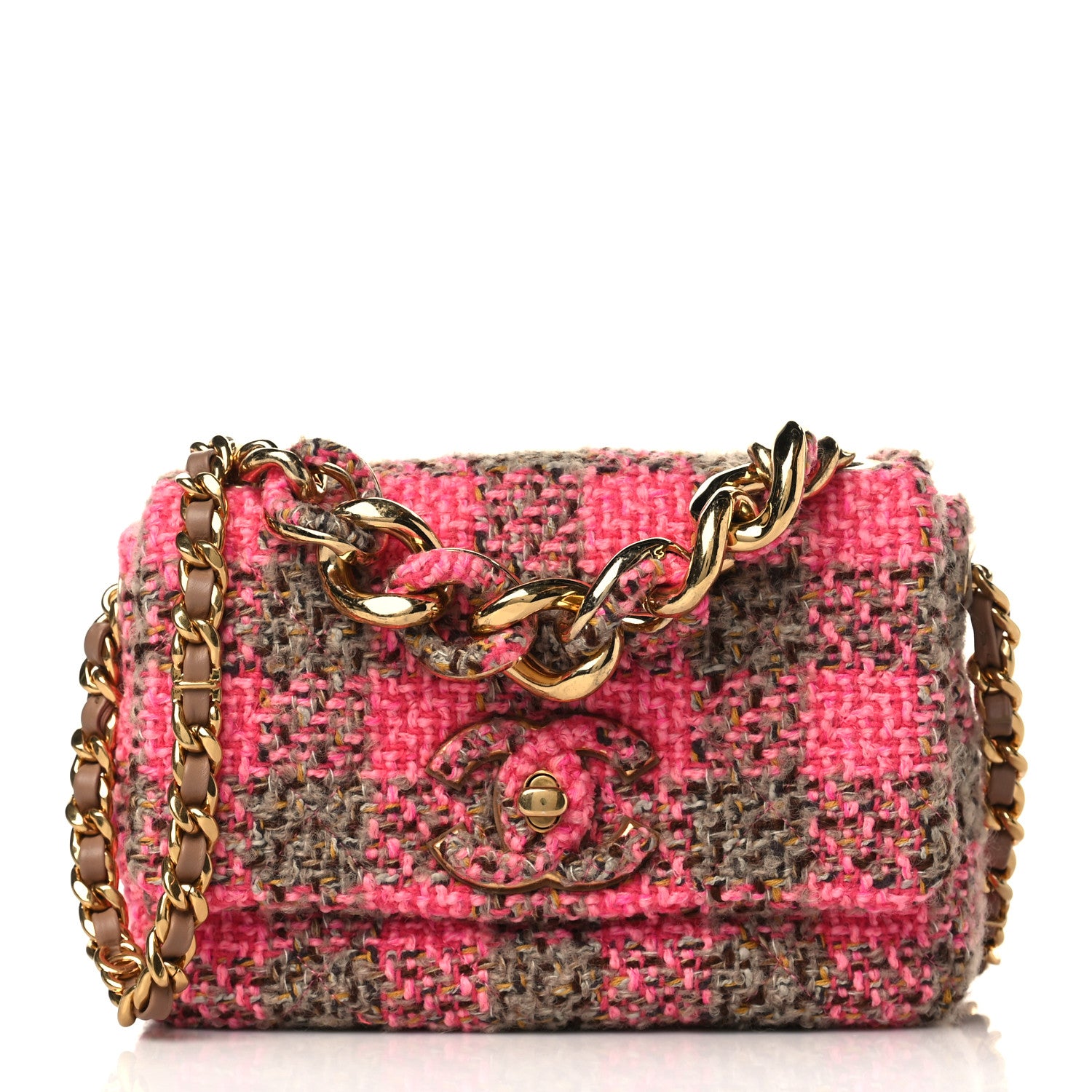 Chanel Wool Tweed Quilted Small Elegant Chain Flap Pink Brown 1 of 10