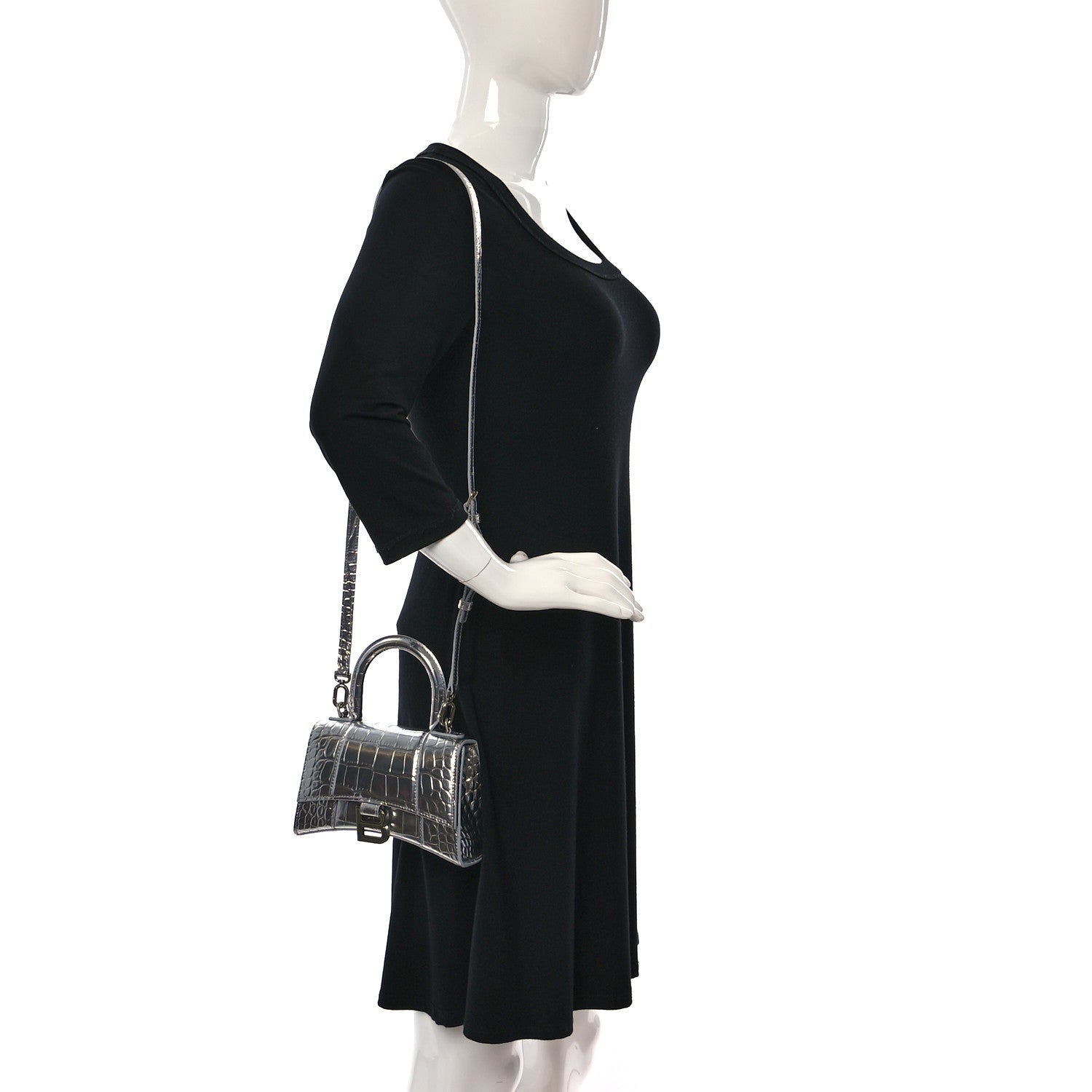 Balenciaga Metallic Calfskin Crocodile Embossed Hourglass Top Handle Bag XS Silver 2 of 9