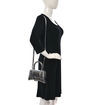 Balenciaga Metallic Calfskin Crocodile Embossed Hourglass Top Handle Bag XS Silver 2 of 9