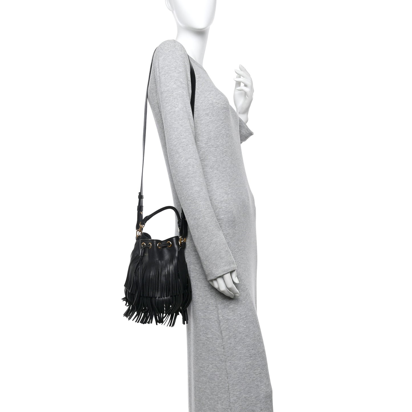 Calfskin Small Emmanuelle Fringe Bucket Bag Black