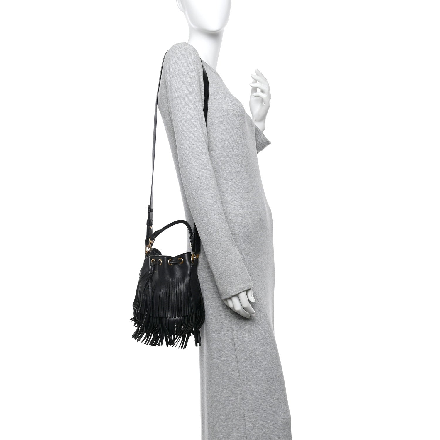 Saint Laurent Calfskin Small Emmanuelle Fringe Bucket Bag Black 2 of 12