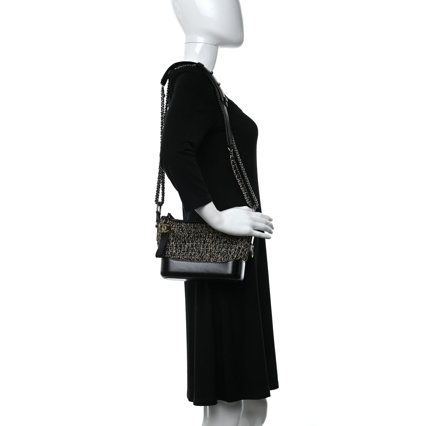 Tweed Calfskin Quilted Small Gabrielle Hobo Black Gold