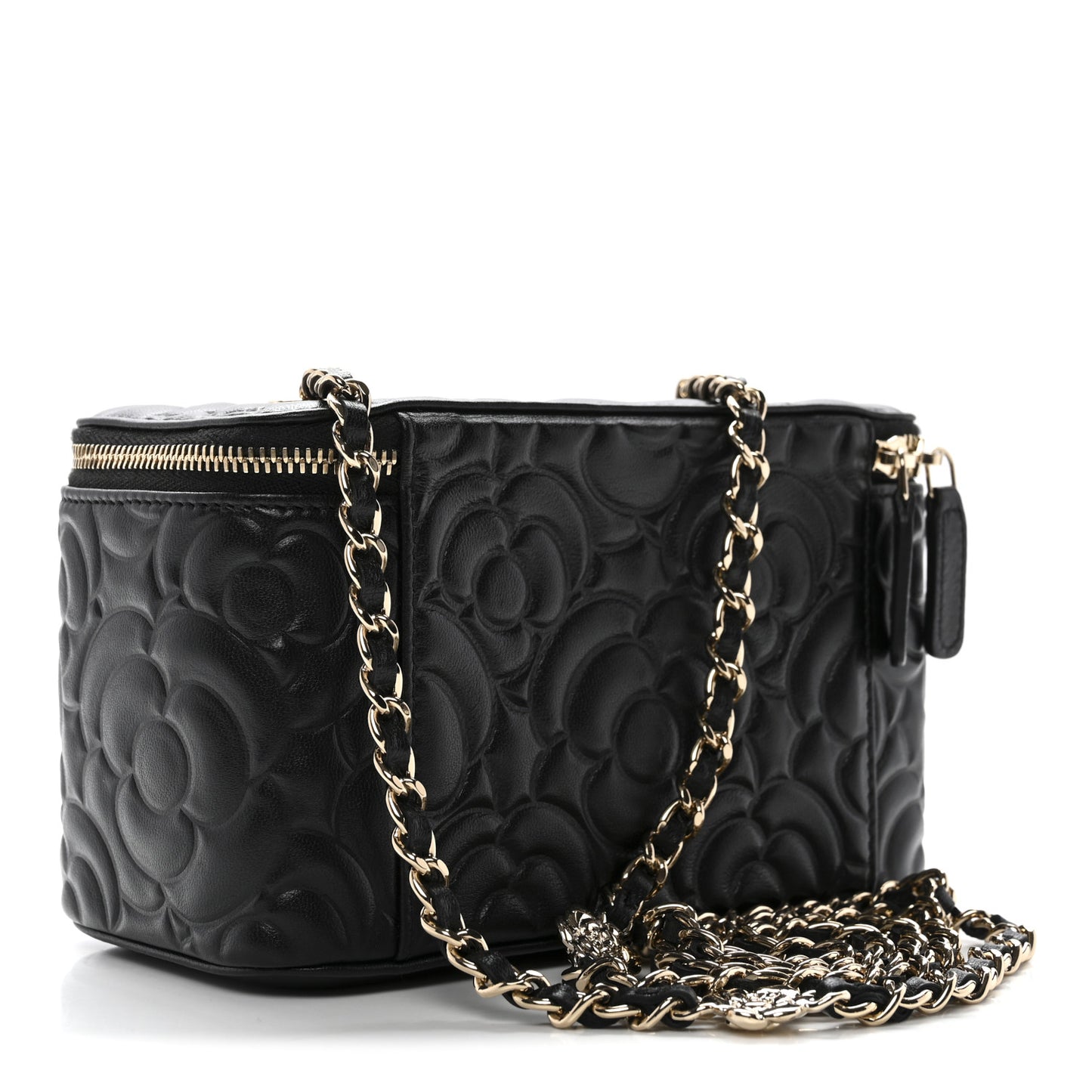 Lambskin Camellia Embossed Small Vanity Case With Chain Black