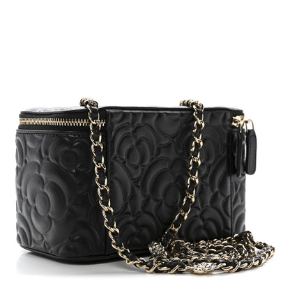Chanel Lambskin Camellia Embossed Small Vanity Case With Chain Black 3 of 11
