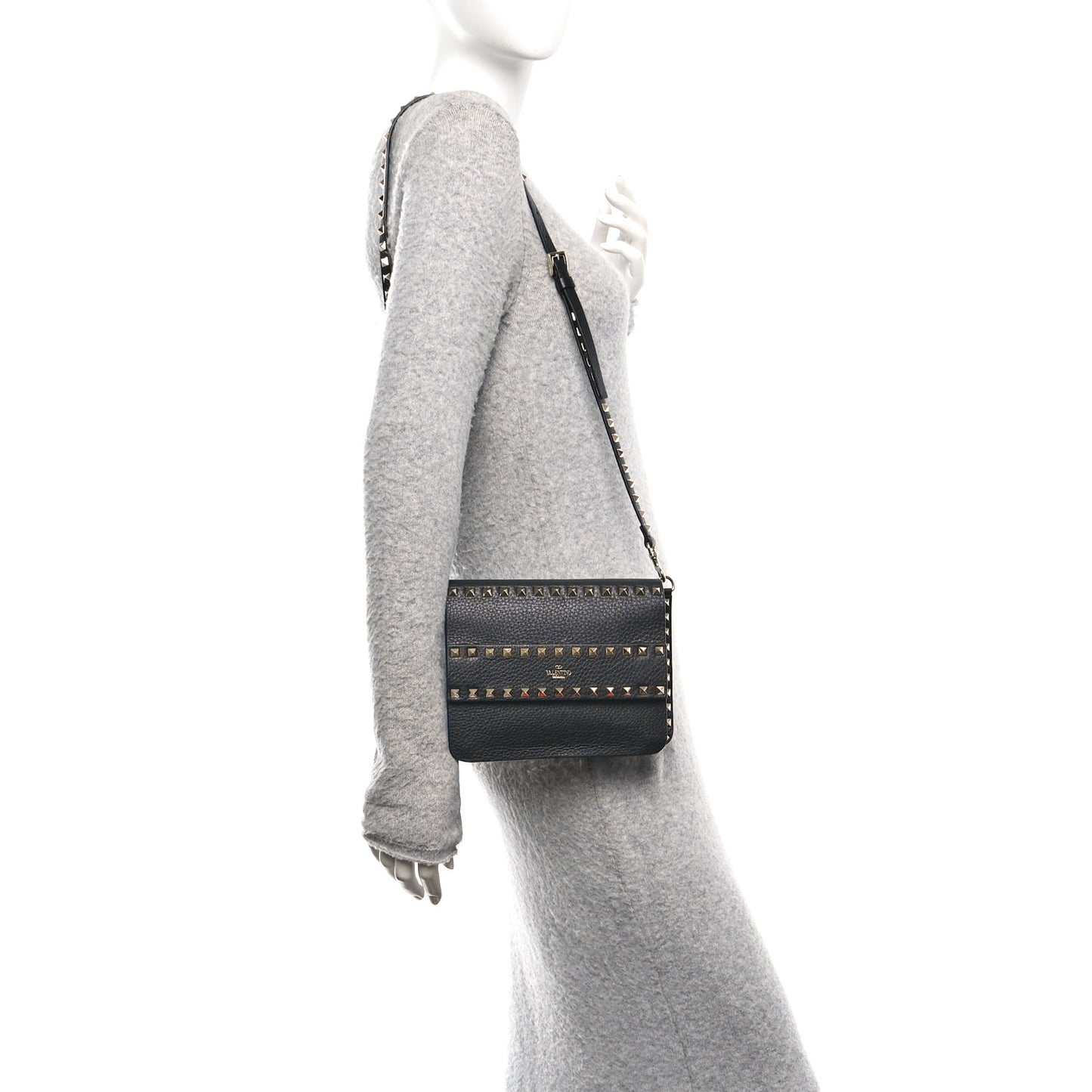 Grainy Calfskin Rockstud Flap Crossbody Bag Black