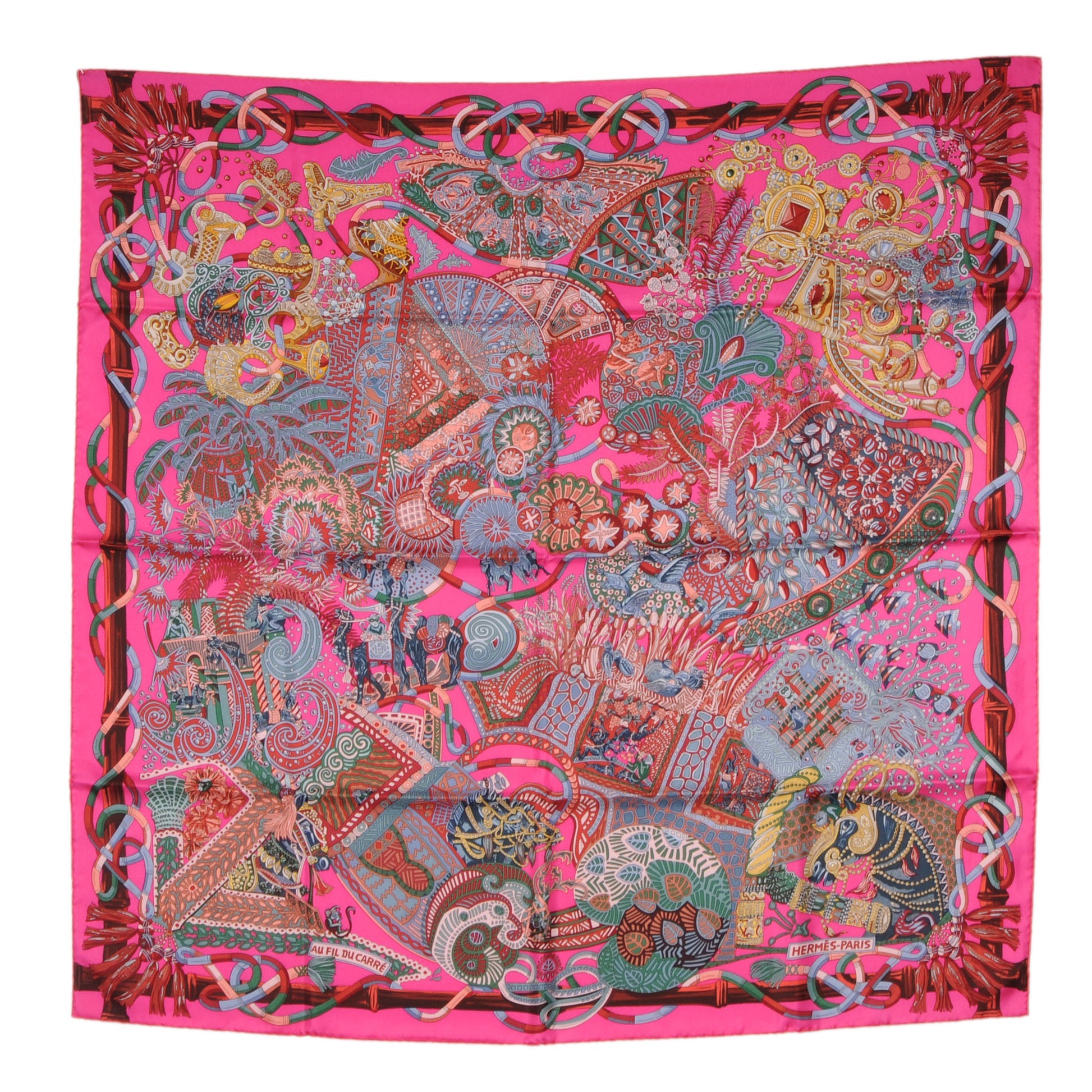 Hermes Silk Au Fil Du Carre Scarf 90 Rose VIF Rouge 2 of 5