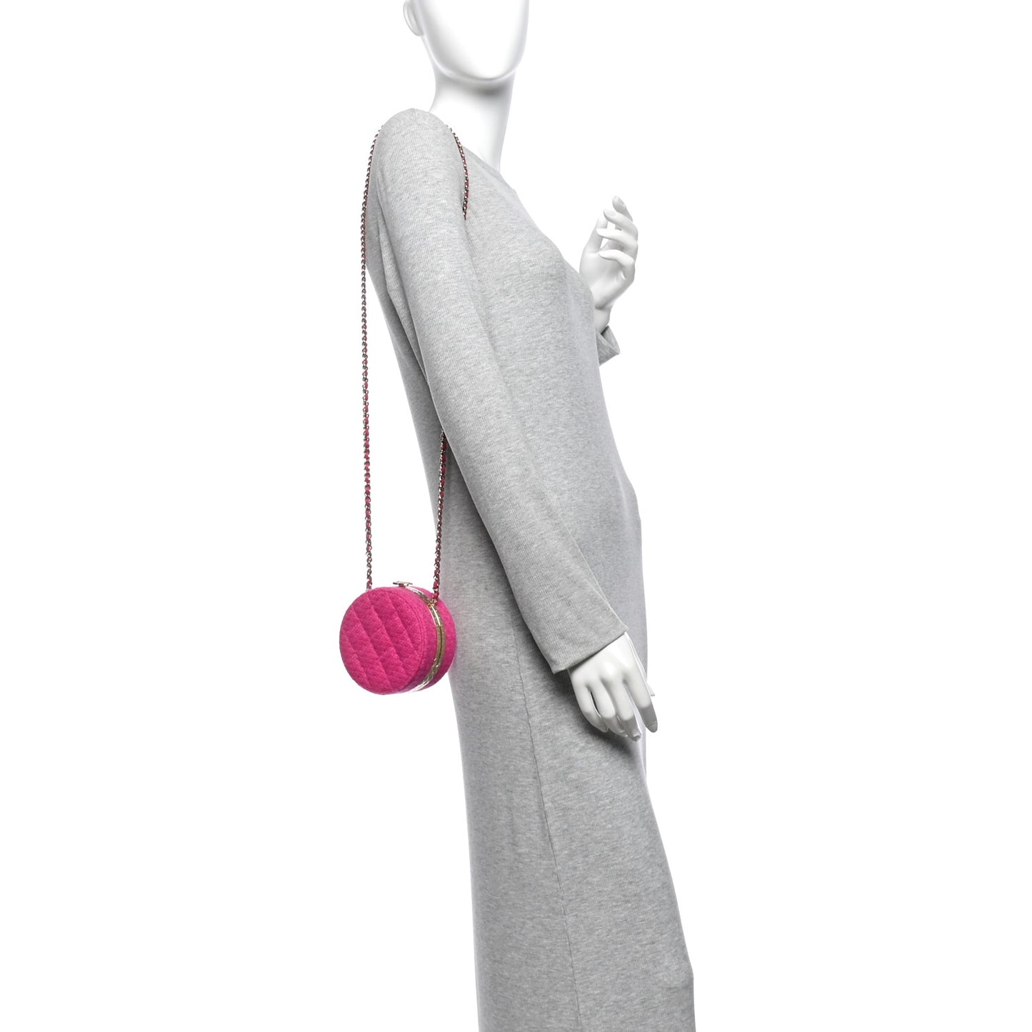 Metal Tweed Quilted Round Lock Frame Vanity Clutch With Chain Pink