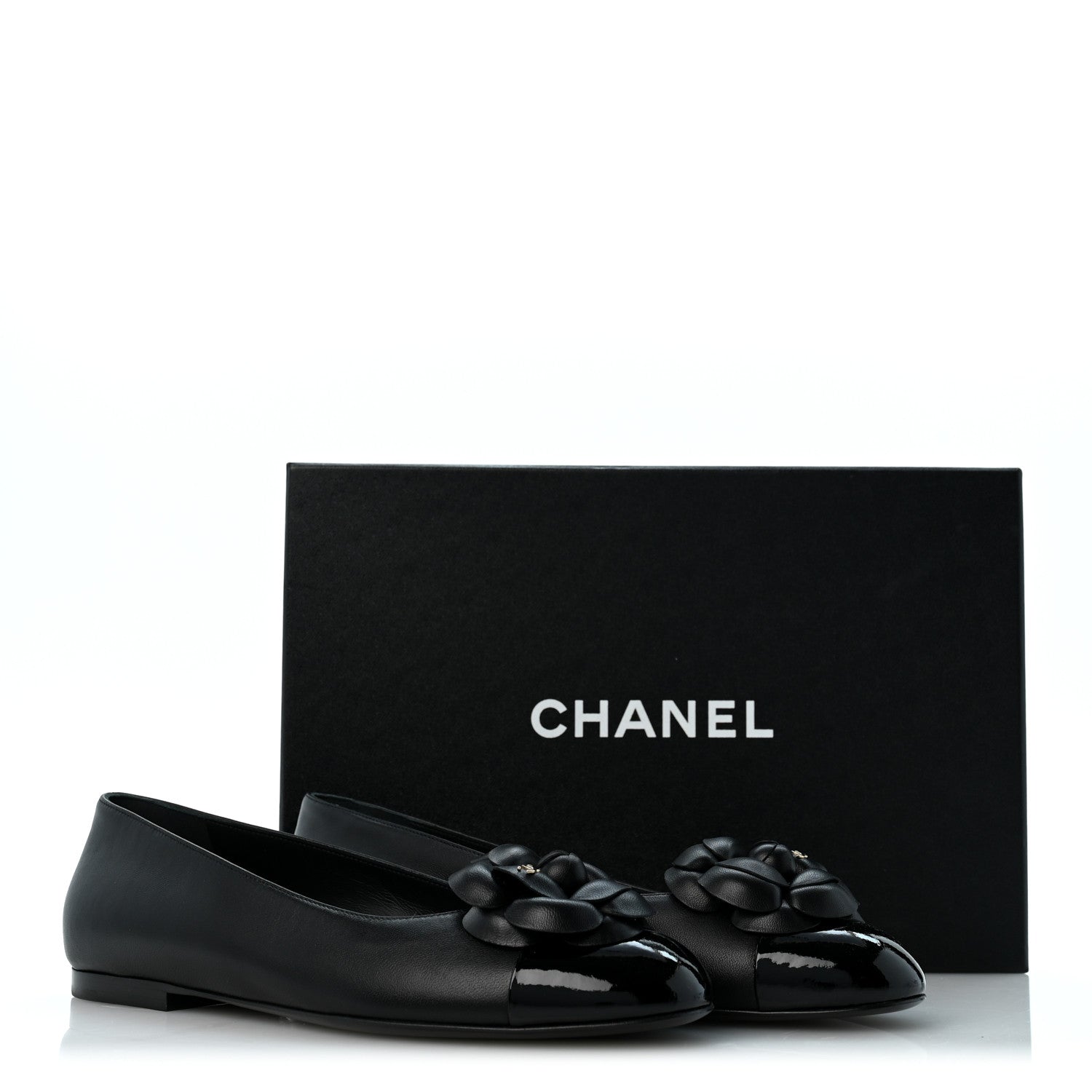 Chanel Lambskin Patent Cap Toe Camellia Ballerina Flats 38.5 Black 10 of 10