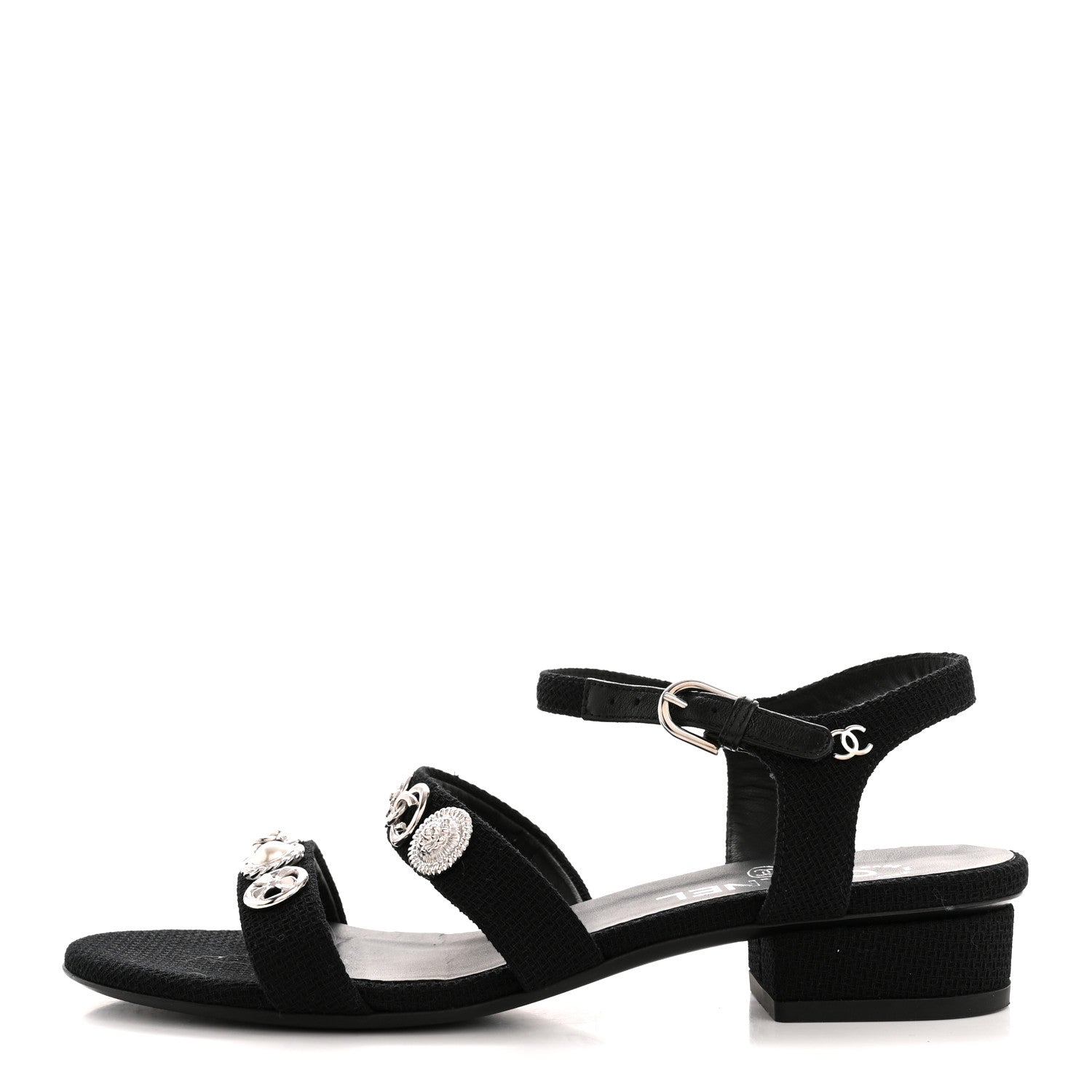 Chanel Tweed Medallion Sandals 38 Black 1 of 9