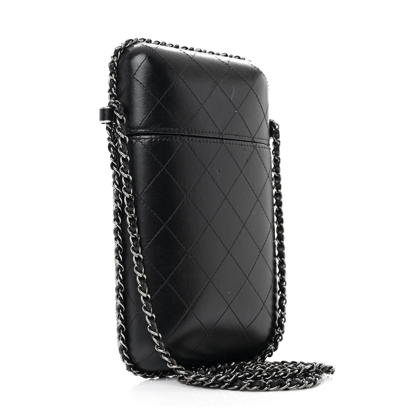Lambskin Quilted Chain Around Phone Holder Black