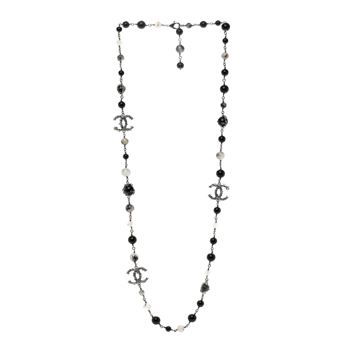 Ruthenium Pearl Beaded CC Long Necklace Black