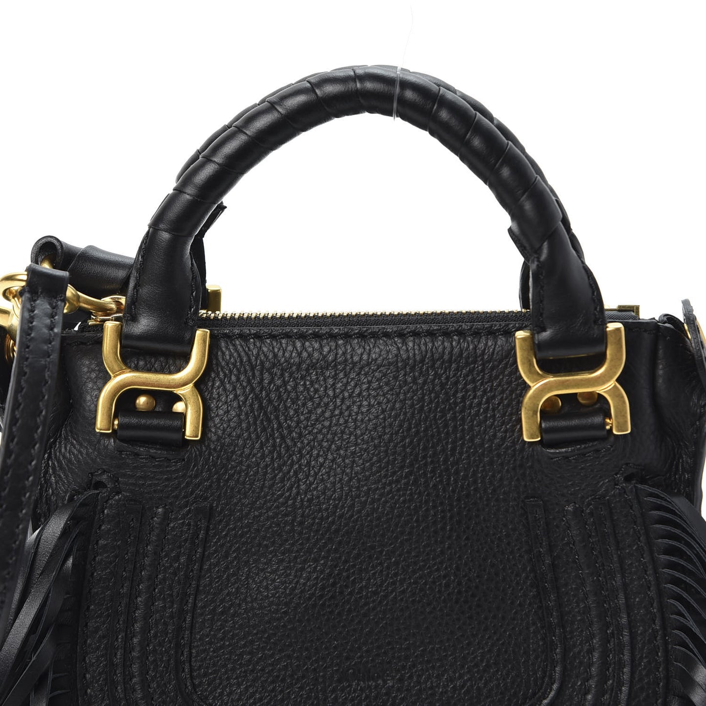 Shiny Small Grain Calfskin Mini Marcie Multi Fringe Satchel Black