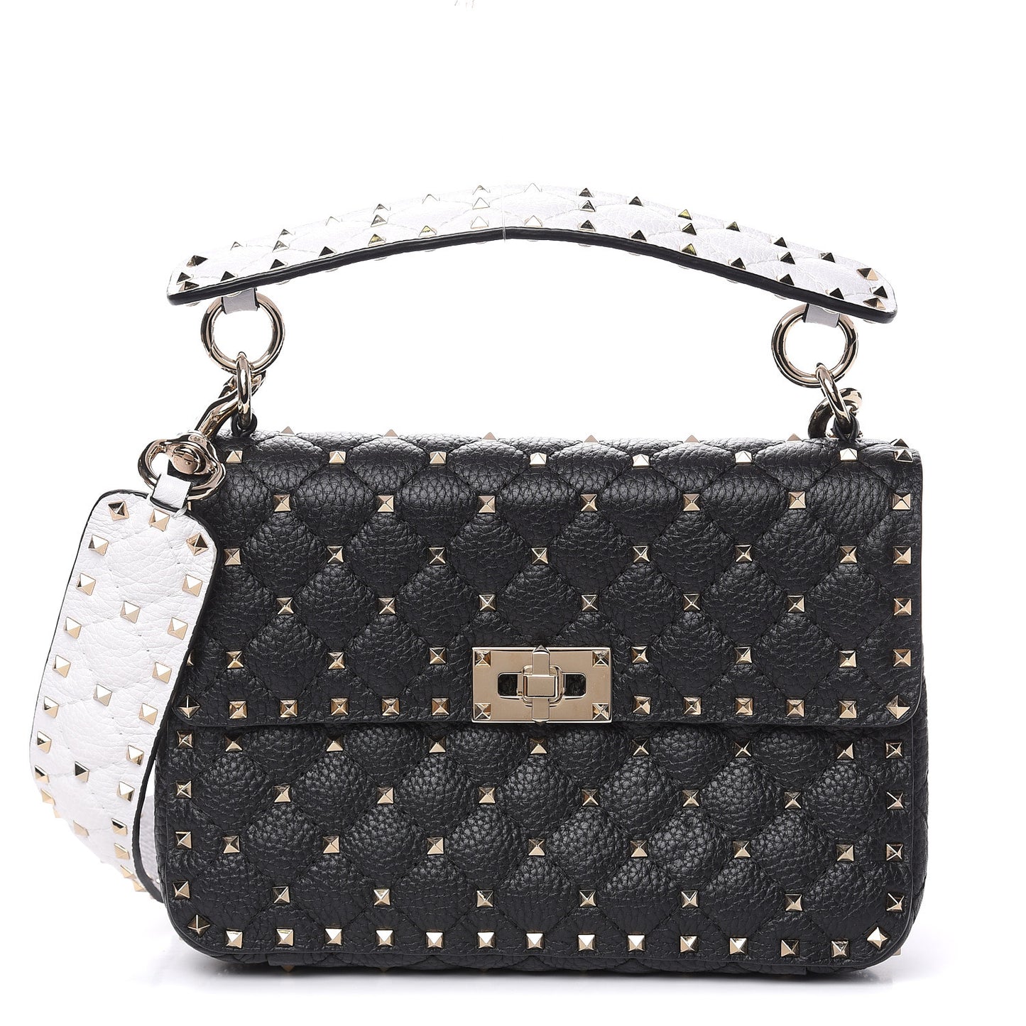 Grained Calfskin Medium Rockstud Spike Shoulder Bag Black White