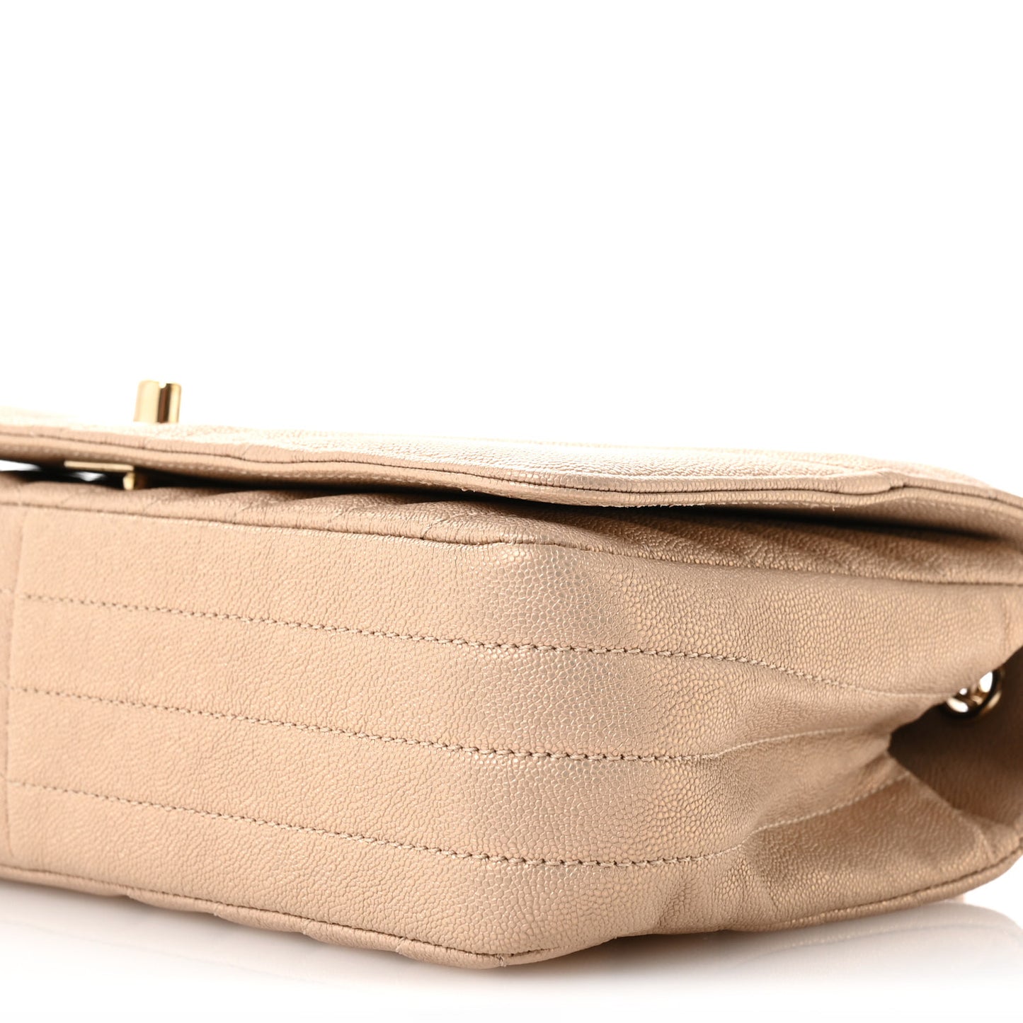Metallic Caviar Chevron Quilted Medium Statement Flap Beige