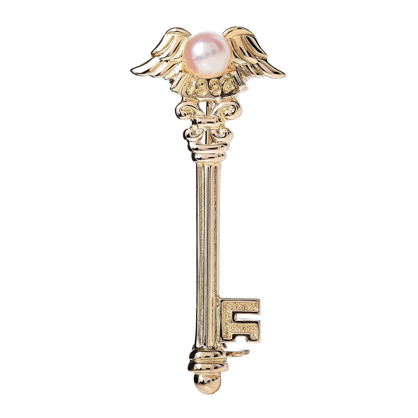 18K Yellow Gold Pearl 4.5mm Winged Key Brooch
