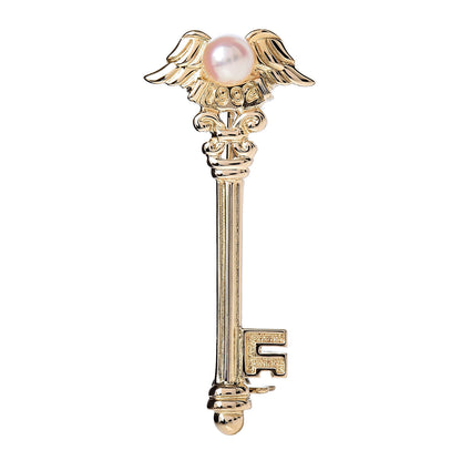 Mikimoto 18K Yellow Gold Pearl 4.5mm Winged Key Brooch 1 of 4