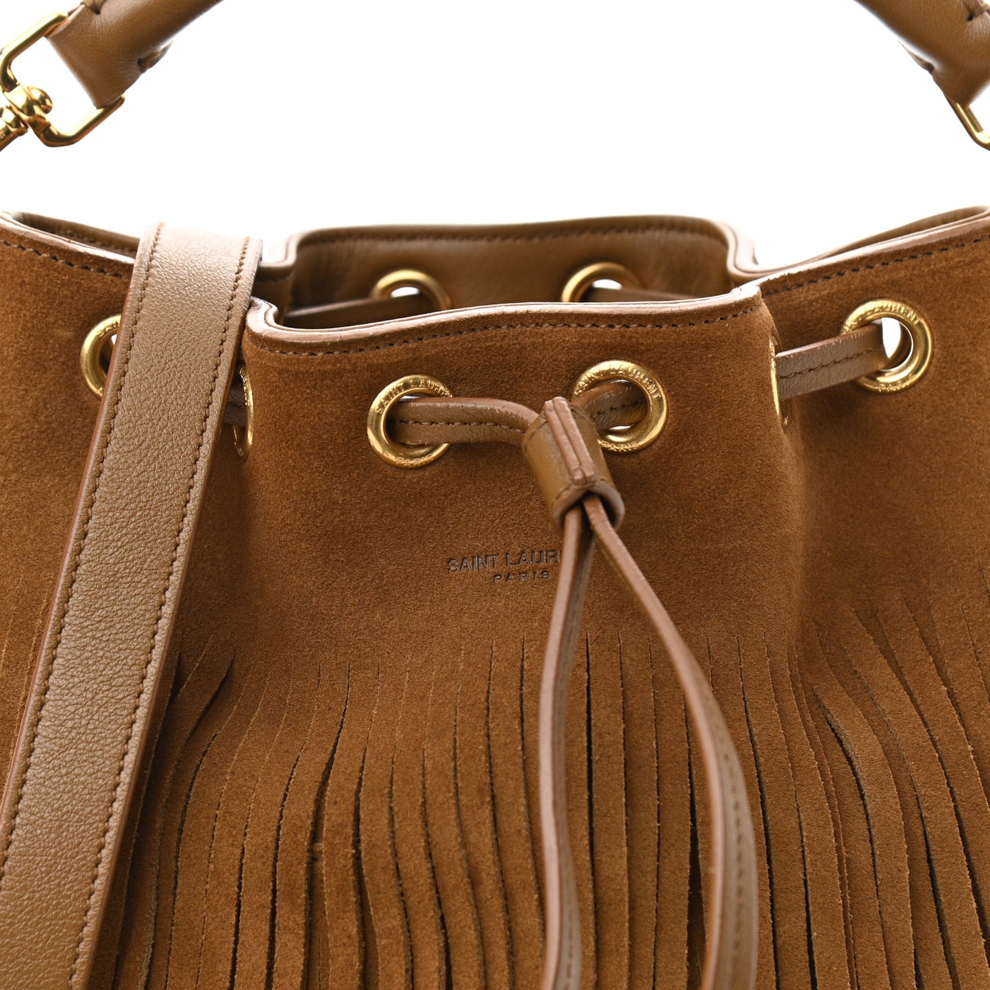 Suede Calfskin Small Emmanuelle Fringe Bucket Bag Light Ocre