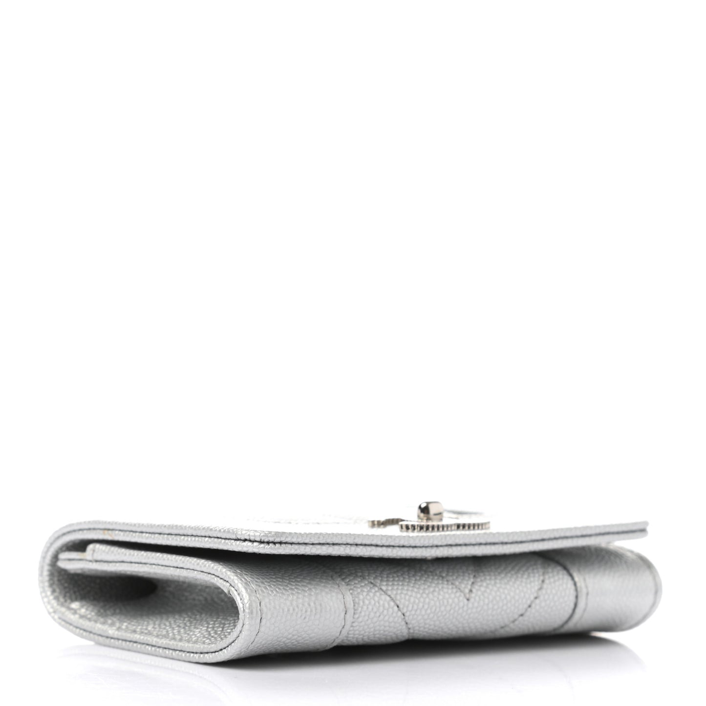 Metallic Caviar Chevron Quilted Vintage Mademoiselle Flap Card Holder Silver