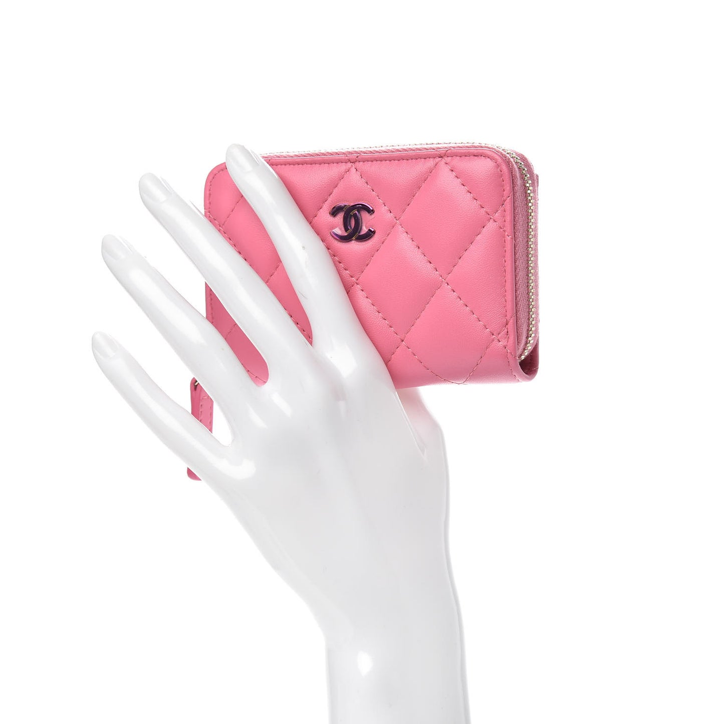 Lambskin Quilted Zip Around Coin Purse Wallet Pink Yellow