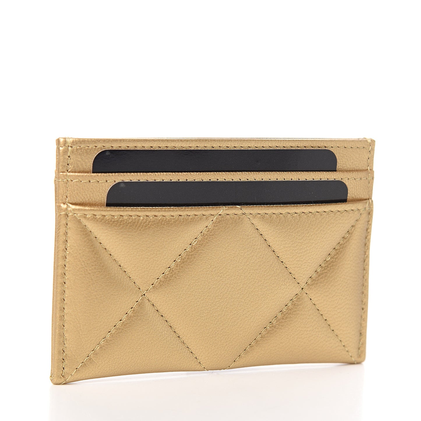 Metallic Goatskin Quilted Chanel 19 Card Holder Gold