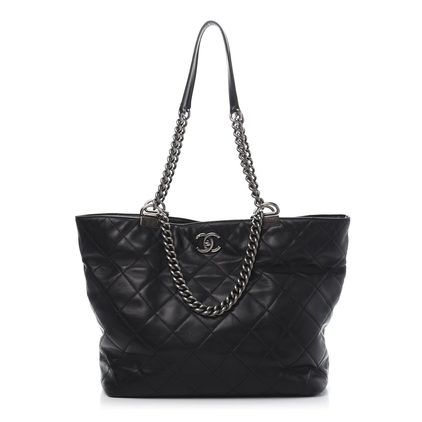 Calfskin Quilted Large Shopping In Chains Tote Black