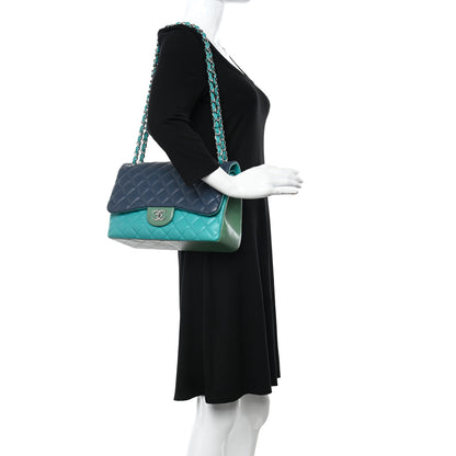 Chanel Lambskin Quilted Tri-Color Jumbo Double Flap Navy Blue Green 2 of 10