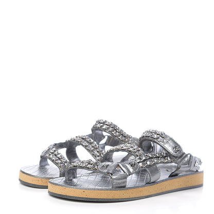 Chanel Metallic Calfskin Chain Flat Sandals 40 Silver 3 of 7