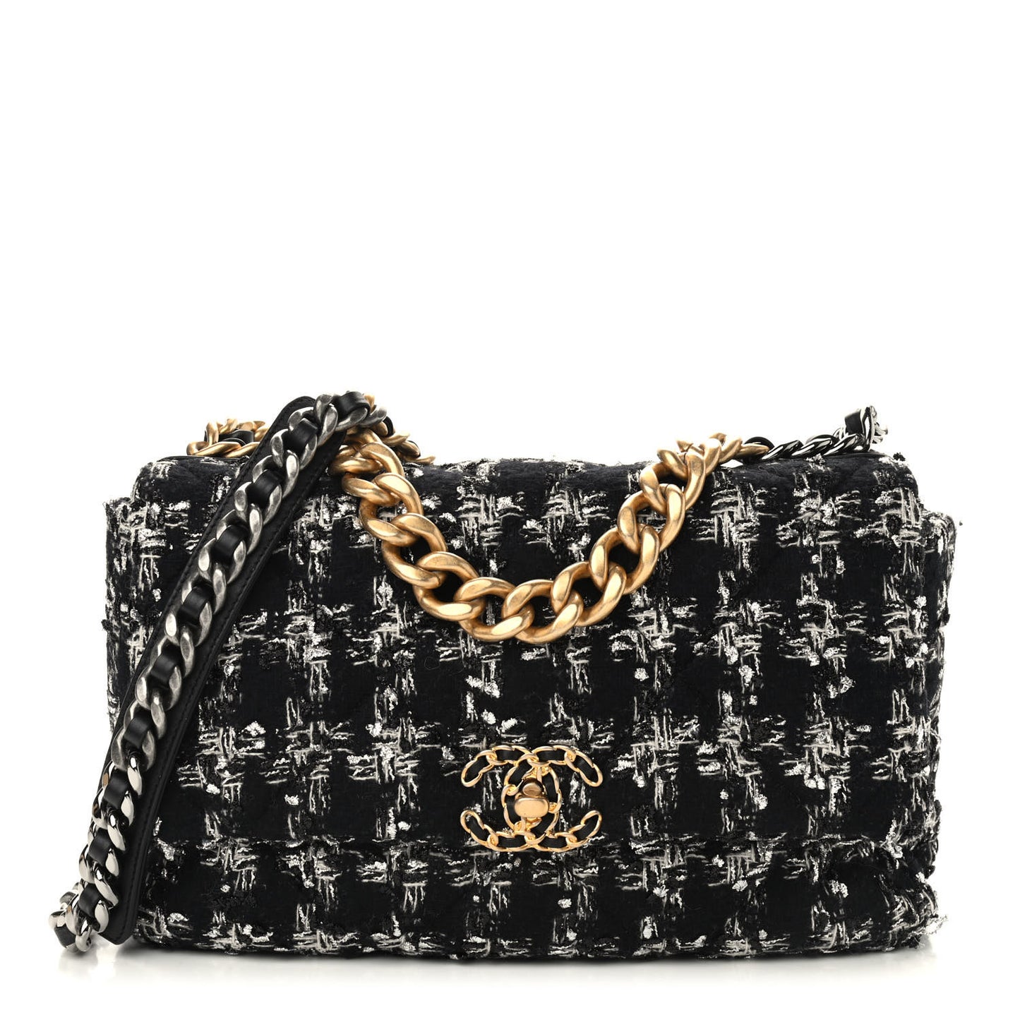 Tweed Quilted Large Chanel 19 Flap Black Silver Ecru