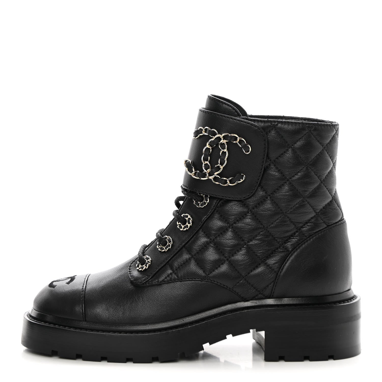 Chanel Shiny Lambskin Quilted Lace Up Combat Boots 35.5 Black 1 of 11