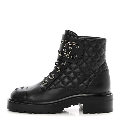 Chanel Shiny Lambskin Quilted Lace Up Combat Boots 35.5 Black 1 of 11