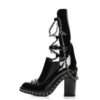 Chanel Patent Chained Tall Combat Boots 36.5 Black 1 of 8