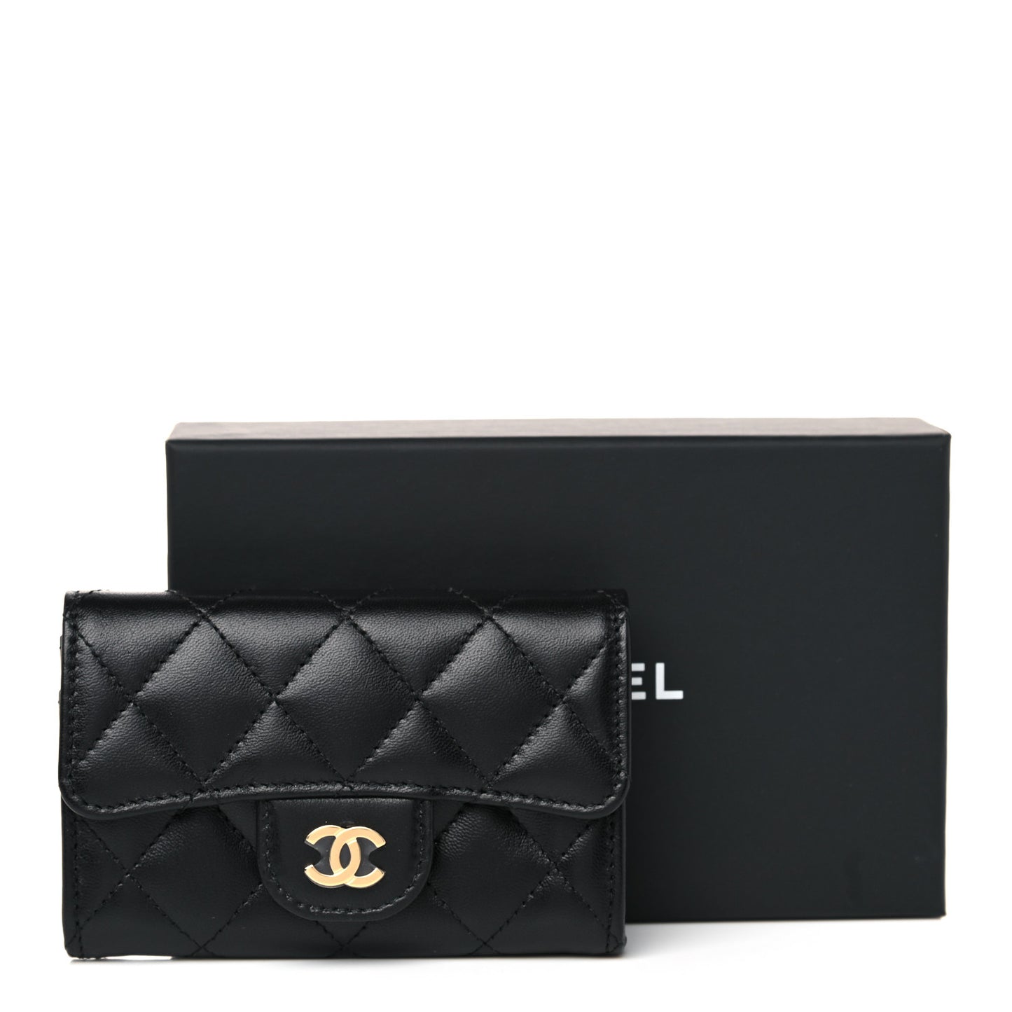 Lambskin Quilted Flap Card Holder Wallet Black