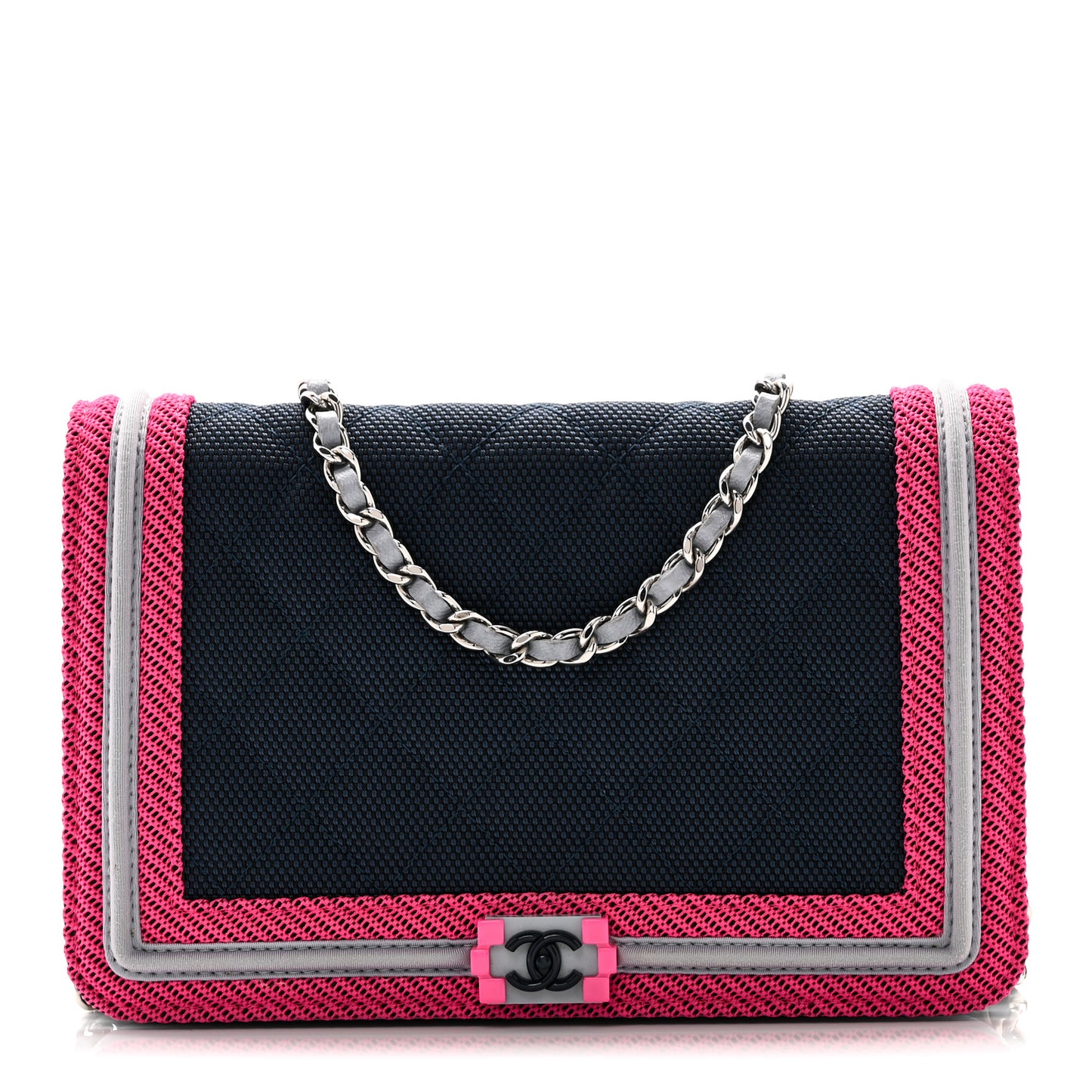 Canvas Quilted Fluo Boy Wallet On Chain WOC Dark Navy Fuchsia Grey