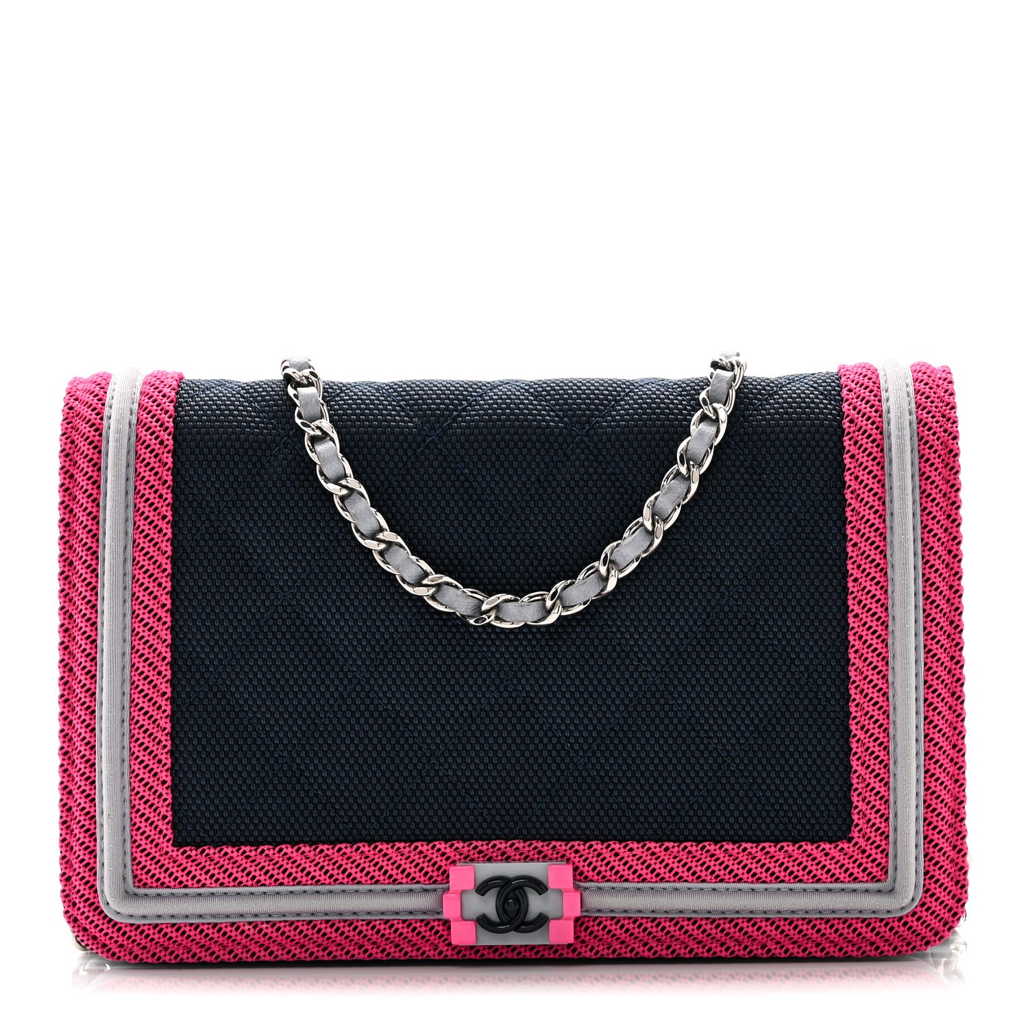 Chanel Canvas Quilted Fluo Boy Wallet On Chain WOC Dark Navy Fuchsia Grey 9 of 11