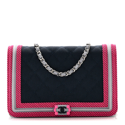 Chanel Canvas Quilted Fluo Boy Wallet On Chain WOC Dark Navy Fuchsia Grey 9 of 11