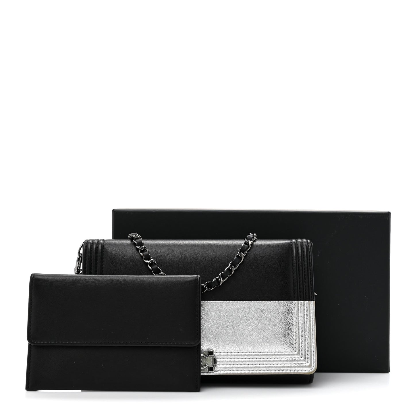 Metallic Goatskin Boy Wallet On Removable Chain WOC Black Silver