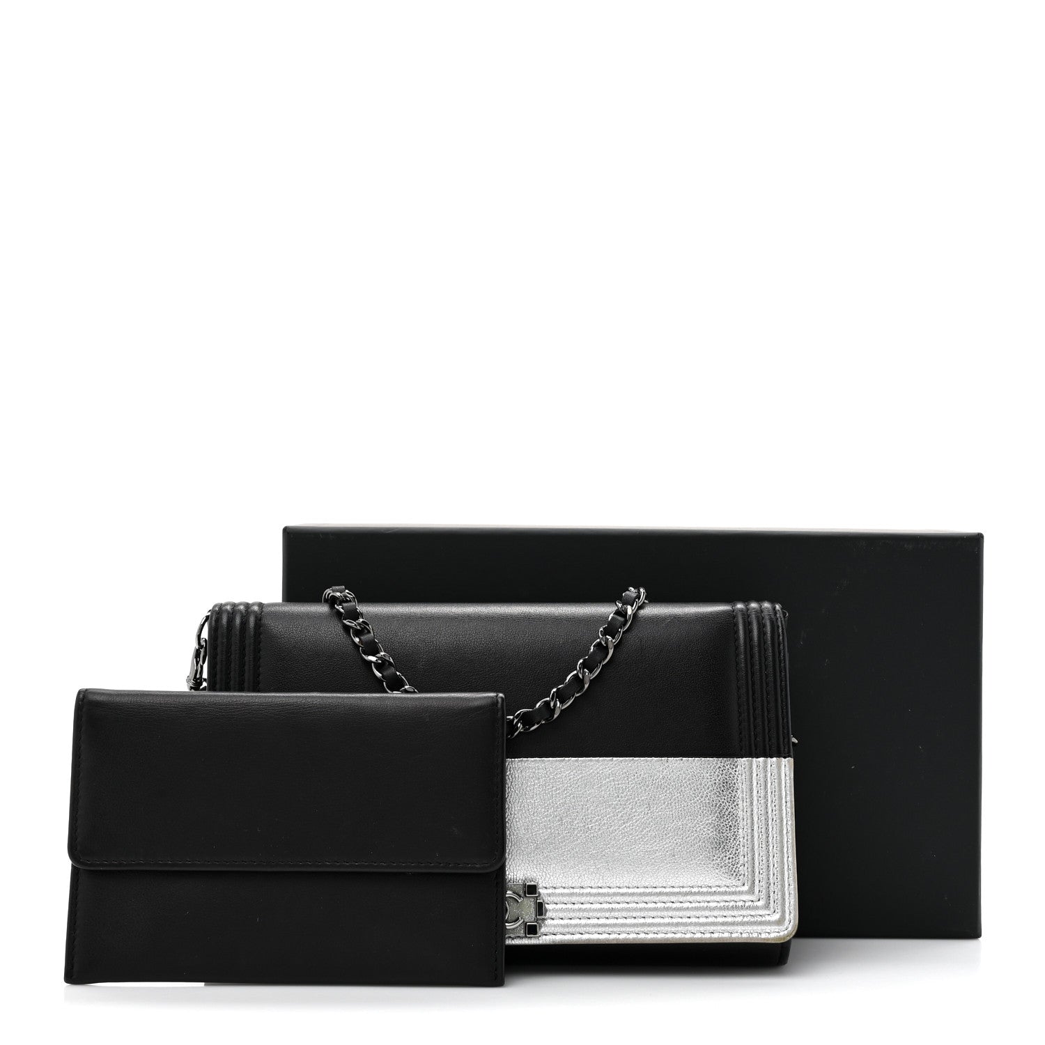 Chanel Metallic Goatskin Boy Wallet On Removable Chain WOC Black Silver 19 of 19